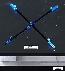 3D Channel in fused silica glass: 5 blind holes and 2 burried channels crossing