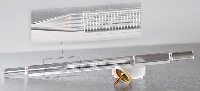 3D microfluidic chip with hose connectors and variable diameters, machined inside the bulk of fused silica (quartz glass) directly from CAD data - without bonding or gluing 3D microfluidic chip with hose connectors and variable diameters, machined inside the bulk of fused silica directly from CAD data - without bonding or gluing